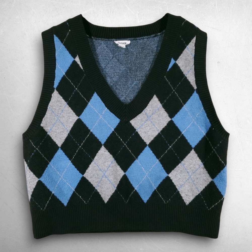 Garage V Neck Cropped Knit Sweater Vest Women M Blue Argyle Preppy Y2K Academia